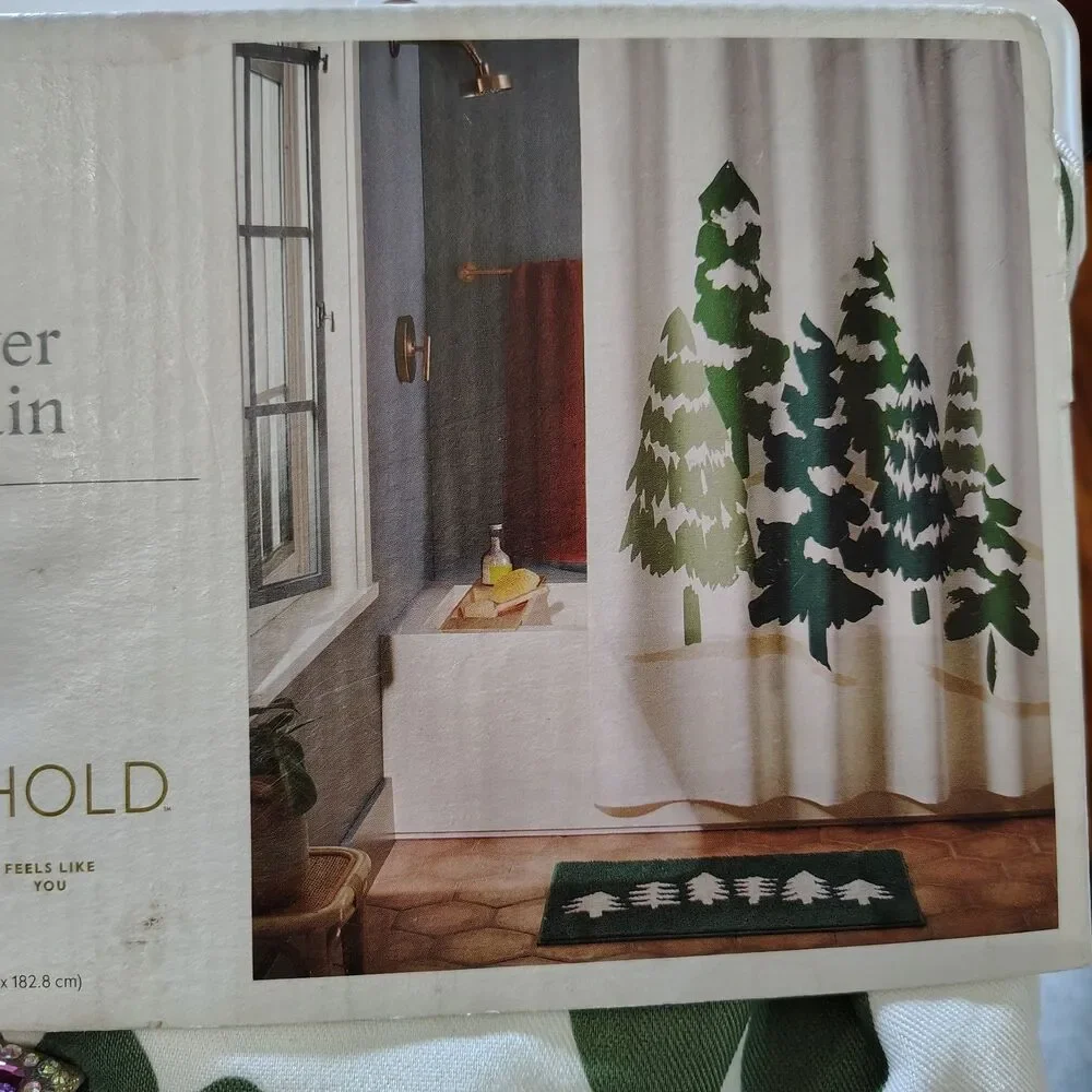 Threshold Holiday Trees Fabric Shower Curtain green 72x72 New